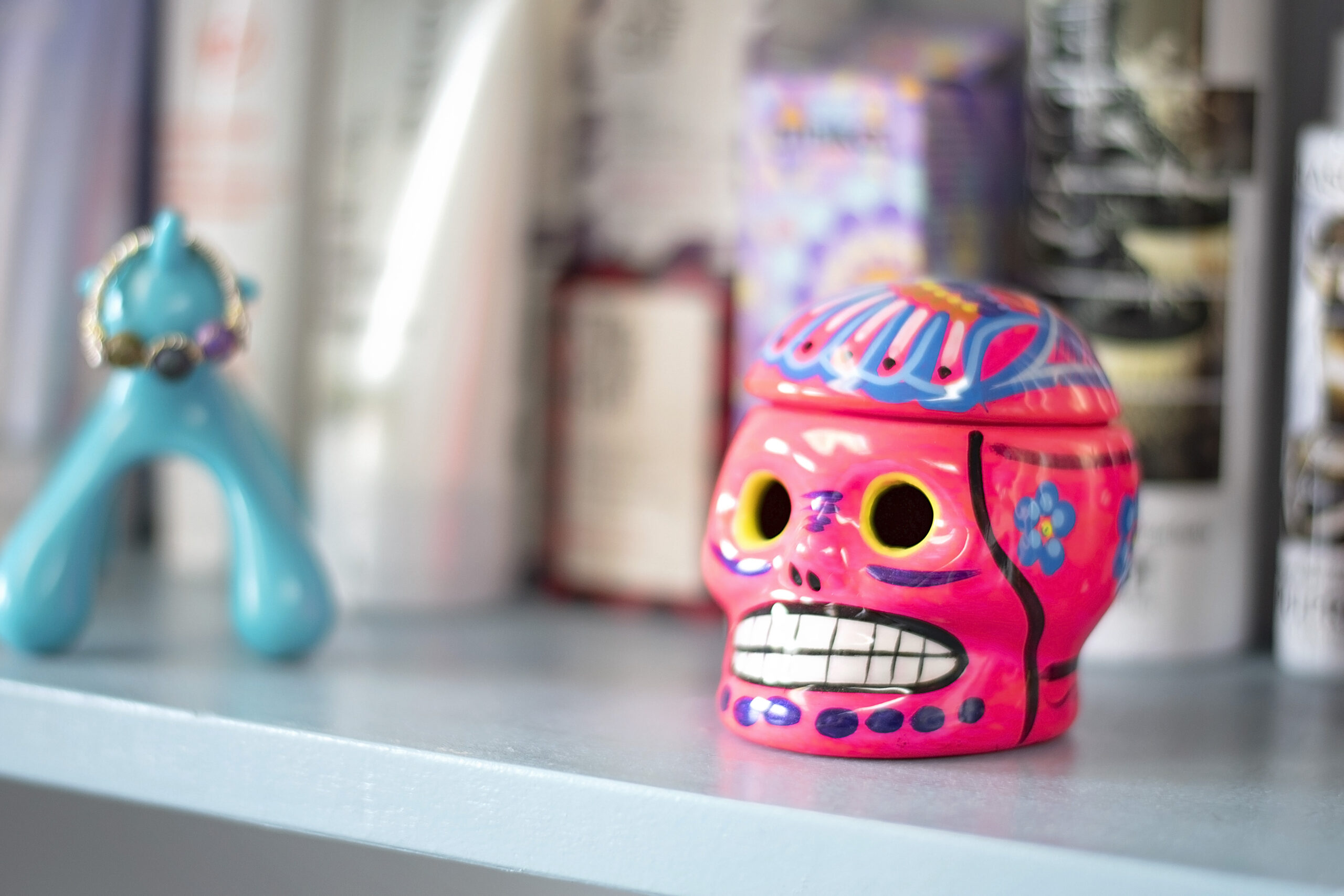 Sugar skull and hair products on a shelf