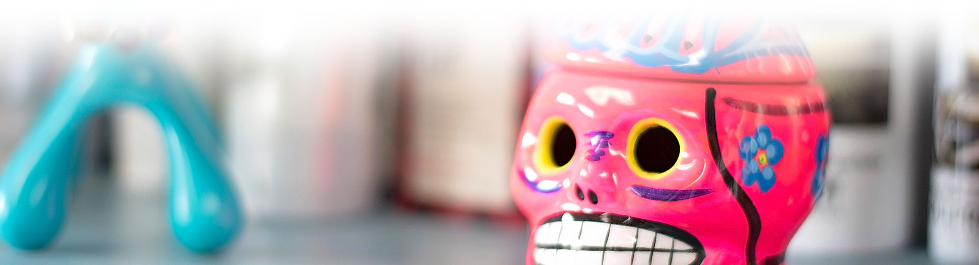 Sugar skull and hair products on a shelf