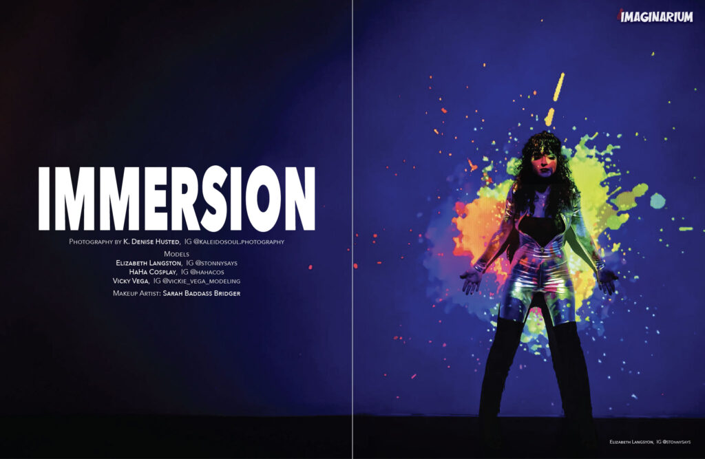 Magazine spread that says Immersion and shows a model covered in bright splotches of paint